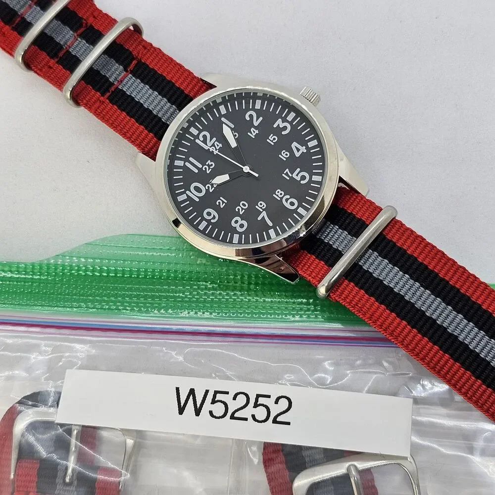 Men's Field Military Watch 42MM Black Dial Red Black Gray‎ Canvas Band Strap